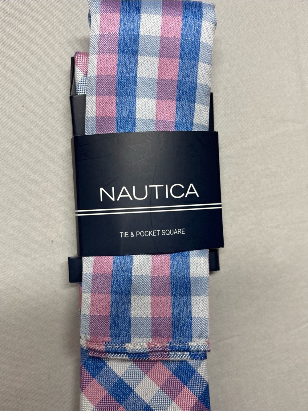 Nautica Blue, Pink & White Plaid Tie with Pocket Square